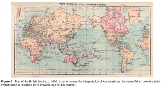 Map of the British Empire, c. 1900. It demonstrates the interpretation of Australasia as 'the seven British colonies' (with French colonies excluded by re-drawing regional boundaries)