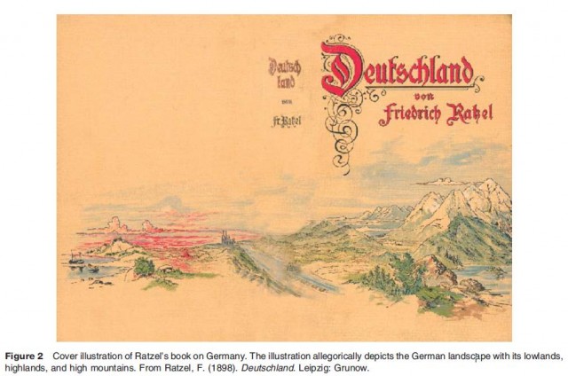 Cover illustration of Ratzel's book on Germany. The illustration allegorically depicts the German landscape with its lowlands, highlands, and high mountains. From Ratzel, F. (1898). Deutschland. Leipzig: Grunow.