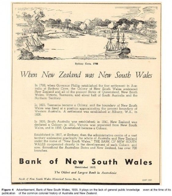 Advertisement, Bank of New South Wales, 1935. It plays on the lack of general public knowledge even at the time of its publication of the common colonial history of Australia and New Zealand.