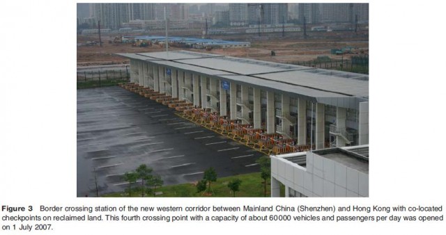 Border crossing station of the new western corridor between Mainland China (Shenzhen) and Hong Kong with co-located checkpoints on reclaimed land. This fourth crossing point with a capacity of about 60 000 vehicles and passengers per day was opened on 1 July 2007