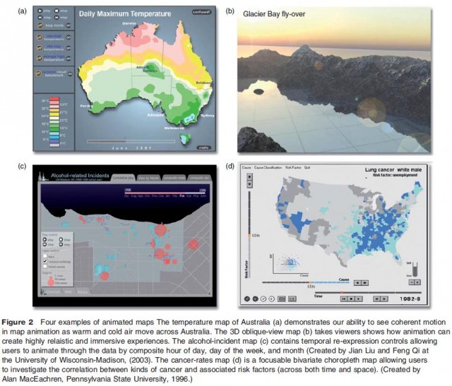 Four examples of animated maps The temperature map of Australia (a) demonstrates our ability to see coherent motion in map animation as warm and cold air move across Australia