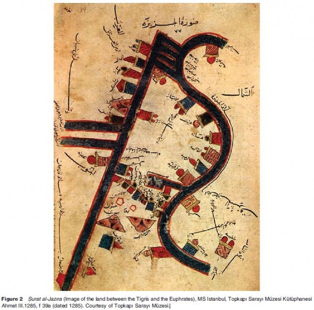 Surat al-Jaz?ra (Image of the land between the Tigris and the Euphrates), MS Istanbul, Topkap? Saray? Muzesi Kutuphanesi Ahmet III.1285, f 39a (dated 1285). Courtesy of Topkap? Saray? Muzesi.