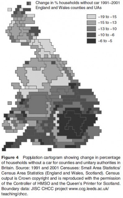 Population cartogram showing change in percentage of households without a car for counties and unitary authorities in Britain. Source: 1991 and 2001 Censuses: Small Area Statistics/ Census Area Statistics (England and Wales, Scotland). Census output is Crown copyright and is reproduced with the permission of the Controller of HMSO and the Queen's Printer for Scotland. Boundary data: JISC CHCC project www.ccg.leeds.ac.uk/ teaching/chcc.