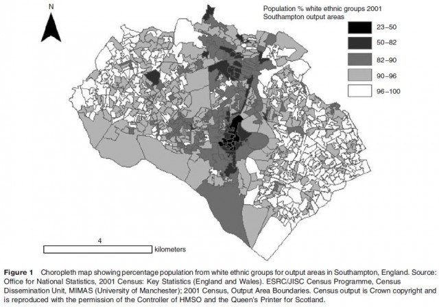 Choropleth map showing percentage population from white ethnic groups for output areas in Southampton, England. Source: Office for National Statistics, 2001 Census: Key Statistics (England and Wales). ESRC/JISC Census Programme, Census Dissemination Unit, MIMAS (University of Manchester); 2001 Census, Output Area Boundaries. Census output is Crown copyright and is reproduced with the permission of the Controller of HMSO and the Queen's Printer for Scotland.