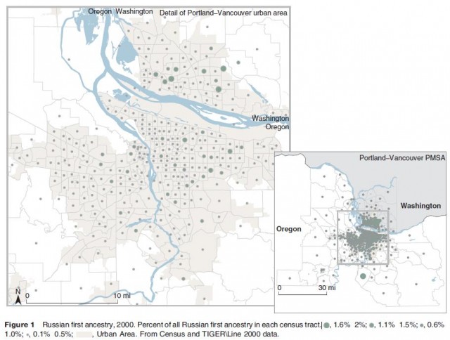 Russian first ancestry, 2000. Percent of all Russian first ancestry in each census tract.