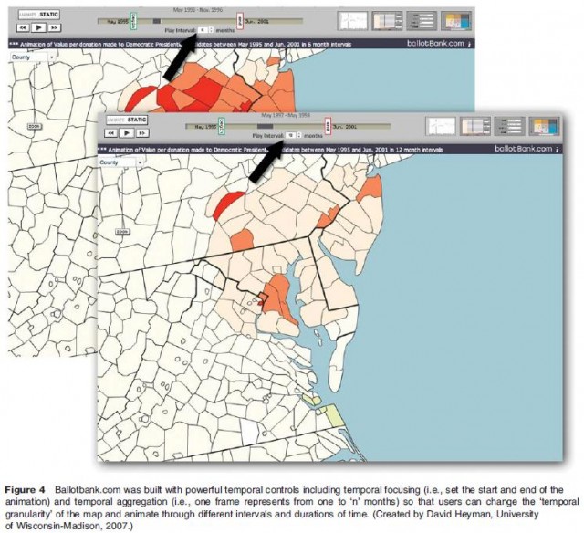 Ballotbank.com was built with powerful temporal controls including temporal focusing (i.e., set the start and end of the animation) and temporal aggregation (i.e., one frame represents from one to 'n' months) so that users can change the 'temporal granularity' of the map and animate through different intervals and durations of time. (Created by David Heyman, University of Wisconsin-Madison, 2007.)