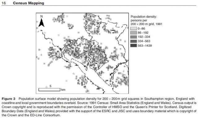 Population surface model showing population density for 200200m grid squares in Southampton region, England with coastline and local government boundaries overlaid. Source: 1991 Census: Small Area Statistics (England and Wales). Census output is Crown copyright and is reproduced with the permission of the Controller of HMSO and the Queen's Printer for Scotland. Digitized Boundary Data (England and Wales) provided with the support of the ESRC and JISC and uses boundary material which is copyright of the Crown and the ED-Line Consortium.