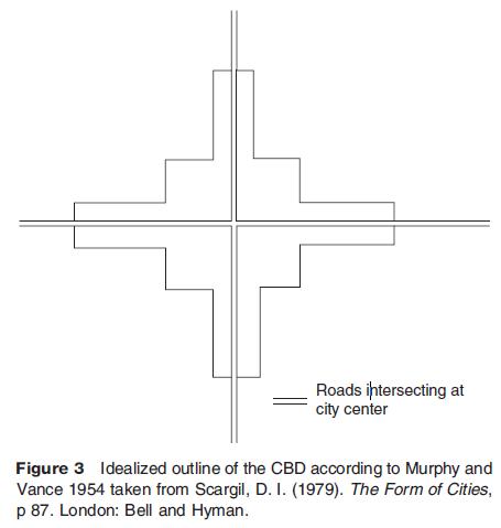 Idealized outline of the CBD according to Murphy and Vance 1954 taken from Scargil, D. I. (1979). The Form of Cities, p 87. London: Bell and Hyman.