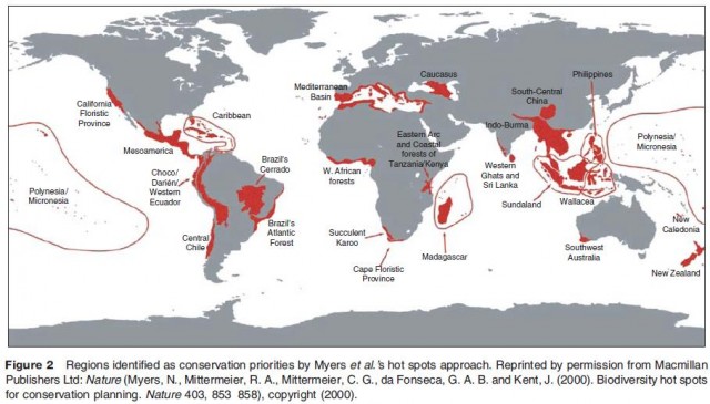 Regions identified as conservation priorities by Myers et al.'s hot spots approach