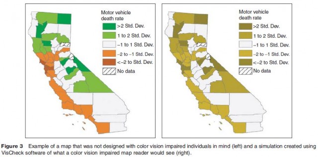 Example of a map that was not designed with color vision impaired individuals in mind (left) and a simulation created using VisCheck software of what a color vision impaired map reader would see (right).