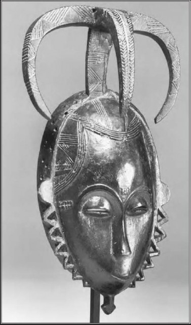 The wooden mask shown here was carved by the Yaure of the Ivory Coast. The Yaure often use fine patterns of lines to indicate beards, hairlines, jewelry, and scars.