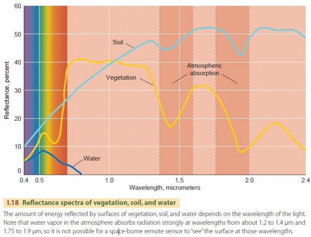 Reflectance spectra of vegetation, soil, and water