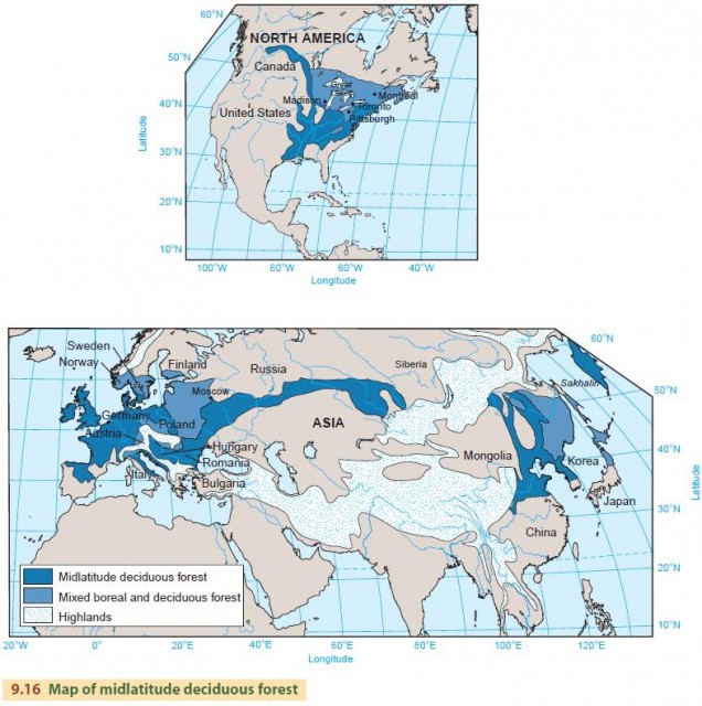 Map of midlatitude deciduous forest