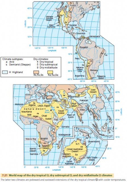 World map of the dry tropical 4 , dry subtropical 5 , and dry midlatitude 9 climates