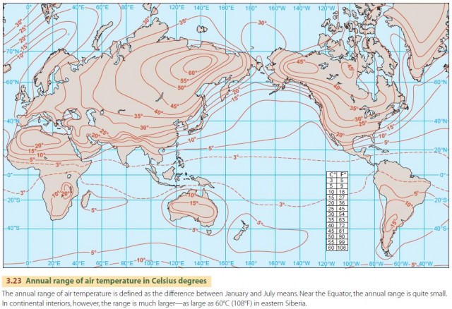 Annual range of air temperature in Celsius degrees