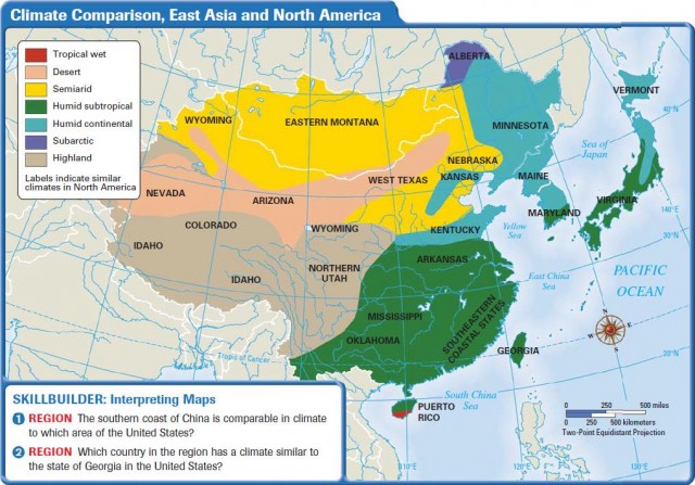 Comparaison des climats, Asie de l'Est et Amérique du Nord