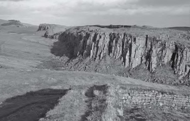 The Whin Sill in Northumbria. The Romans found it a handy barrier against barbarians - Hadrian's Wall runs along the top of it (see foreground).