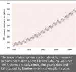 The trace of atmospheric carbon dioxide, measured in parts per million above Hawaii's Mauna Loa since 1957, shows a steady climb, plus yearly rises and falls caused by Northern Hemisphere plant cycles.