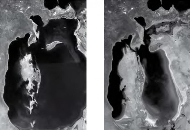 The Sea of Aral: vanishing between 1989 (left) and 2003 (right). There are plans to seal off the dry areas permanently to help the rest refill.