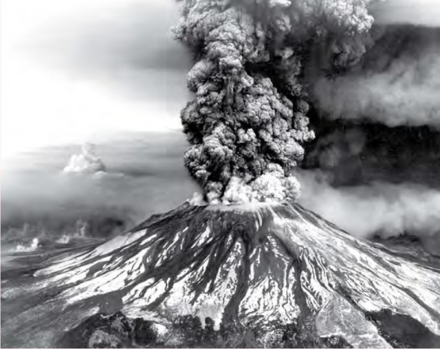 Mount St Helens erupting in 1980, the deadliest recent volcano in US history. Note the smaller eruptions to the left accompanying the main event.
