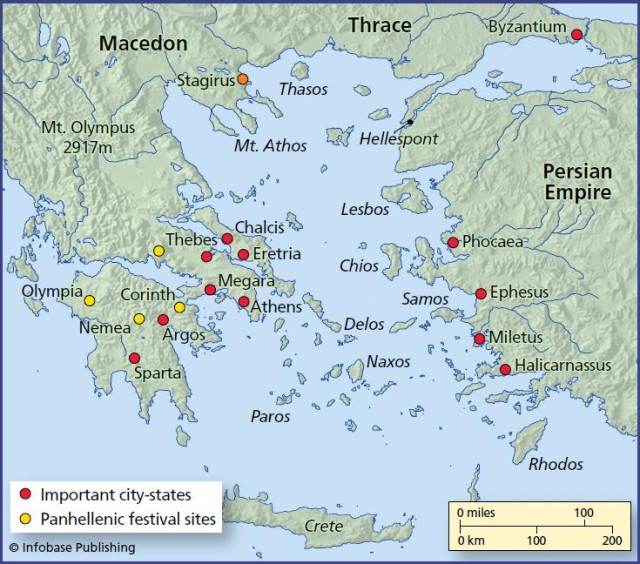 The eastern Mediterranean region as it was in the time of Aristotle. His birthplace, Stagirus, was on the threepronged peninsula on the coast of Macedon (Macedonia). The various city-states were often at war, but people from all the states visited festival sites. Anatolia was the part of the Persian Empire to the north of Lesbos.
