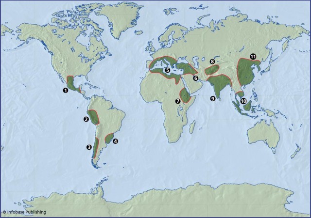 Nikolai Vavilov proposed these regions as centers where domesticated crop plants originated and from where they had spread. The regions are as follows: 1. Mexico and Guatemala; 2. Peru, Ecuador, Bolivia; 3. southern Chile; 4. southern Brazil; 5. Mediterranean; 6. Middle East; 7. Ethiopia; 8. central Asia; 9. India and Myanmar (Burma); 10. Thailand, Malaysia, Java (Indonesia); 11. China