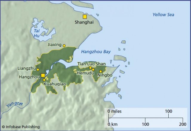 Rice was first domesticated along the Yangtze Valley in China to the south of Shanghai. Research at Tian Luo Shan shows that the process was not completed more than 2,000 years after it began at Kuahuqiao.