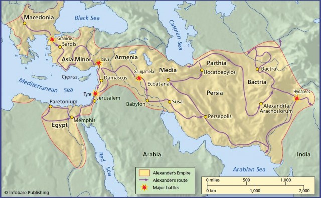 At its peak, Alexander's empire extended from Macedonia in the west to central Asia and the Indus River in the east, and from the southern shores of the Black and Caspian Seas to Egypt.