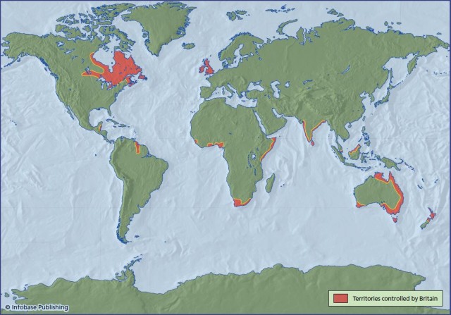 The colored areas indicate territories controlled by Britain in 1822. At that time the British Empire was still expanding, but the territories were widely scattered and located in many different climatic zones.