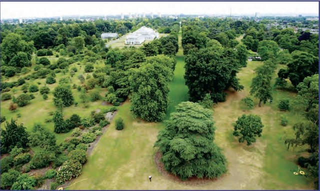 In 1762 a pagoda in the Chinese style was constructed in Kew Gardens. This photograph of the gardens was taken from the top of it in July 2003. The gardens cover about 300 acres (121 ha) and contain the world's largest collection of living and preserved plants. It is a World Heritage Site. (Getty Images)