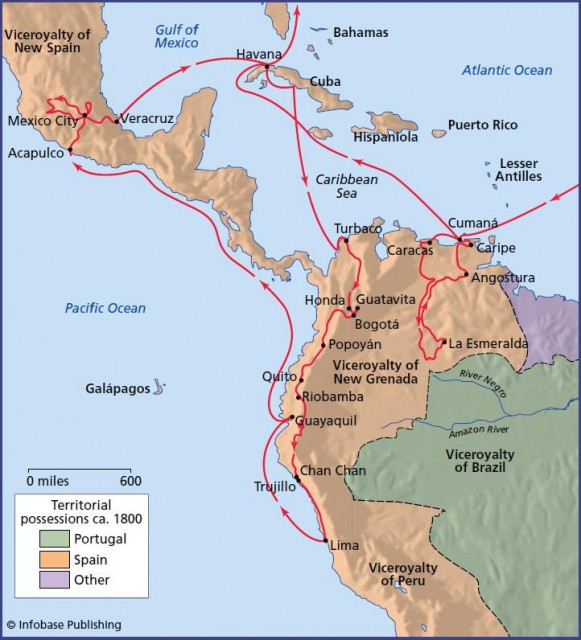 The route Alexander von Humboldt and Aime Bonpland followed through Central and South America between 1799 and 1804