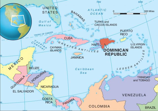 The Dominican Republic shares the island of Hispaniola with Haiti. It is the second-largest Caribbean nation, with an area of 30,242 square miles (48,670 square kilometers), which is slightly more than twice the size of New Hampshire.