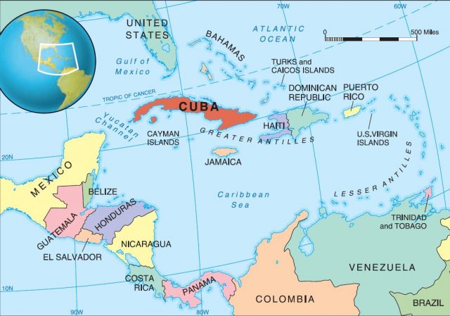 Cuba is the largest of the Caribbean islands and is the sixteenth largest island in the world. It is located between the Caribbean Sea and the North Atlantic Ocean and is approximately 42,803 square miles (110,860 square kilometers), or slightly smaller than Pennsylvania.