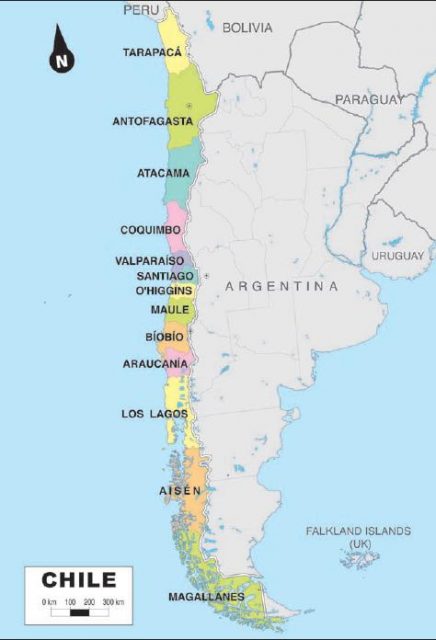 Chile is organized into thirteen governmental divisions or regions that run from north to south along the narrow country. Each division is separated into provinces, which are then divided into communes. This map shows the location and size of each division.