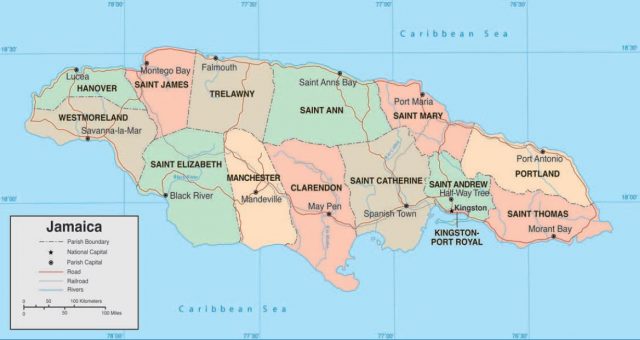 Map Of Jamaica Showing Parishes And Capitals World Time Zone Map   45547 640x340 