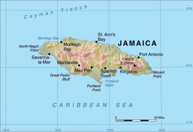 Jamaica's land features range from low-lying coastal plains to the Blue Mountain crests that reach nearly 7,500 feet (2,286 meters) in elevation.