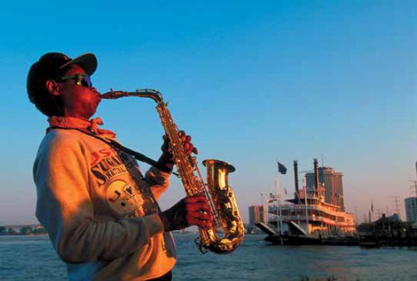 A jazz musician plays his saxophone in New Orleans